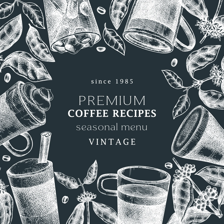 Hand-sketched coffee frame design on chalkboard. Vector sketches of mugs with aromatic caffeine drinks. With coffee plants, leaves and beans in vintage style. Vector beverages template